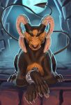 2024 2_horns 4_toes adobe_photoshop_(artwork) ambiguous_feral ambiguous_gender bent_legs black_body black_fur black_nose black_sclera black_tail blue_sky claws clip_studio_paint_(artwork) colored cuff_(restraint) curled_horn digital_media_(artwork) digital_painting_(artwork) english_description feet feral fur furrowed_brow generation_2_pokemon grey_claws hi_res horn houndoom light lighting long_tail lying lying_on_ground mathew-b moon night nintendo on_front on_ground orange_body orange_fur painting_(artwork) pokemon pokemon_(species) quadruped restraints shaded sharp_teeth sky smile smiling_at_viewer solo spade_tail stone_floor tail teeth toe_claws toes tombstone wrinkles yellow_eyes