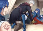  1girl 2boys ameno_(a_meno0) armor black_coat blue_eyes blue_gloves blue_hair blush brand_of_the_exalt brown_gloves bucket cape caught chrom_(fire_emblem) coat crate fingerless_gloves fire_emblem fire_emblem_awakening gloves hair_between_eyes long_hair long_sleeves looking_at_another lucina_(fire_emblem) lying male_robin_(fire_emblem) multiple_boys on_back on_ground open_mouth red_cape short_hair shoulder_armor sweatdrop walk-in white_hair yellow_eyes 