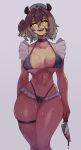  1girl absurdres animal_ears ass_visible_through_thighs bikini black_bikini blood blood_on_knife blush breasts brown_hair collarbone commentary frills glowing glowing_eyes green_eyes grey_background hat highres holding holding_knife holding_weapon indie_virtual_youtuber knife konaloid large_breasts looking_at_viewer medium_hair navel nimi_nightmare nurse_cap one_side_up open_mouth simple_background smile solo stomach sweat swimsuit tapir_ears tapir_girl teeth thigh_strap thighs virtual_youtuber weapon white_hat 