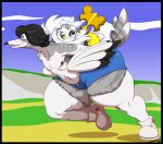 2025 alternate_species anthro avian banjo-kazooie banjo_(banjo-kazooie) beak black_border border bottomwear breegull canid canine canis clothing cosplay deon_(deonwolf) deonwolf digital_media_(artwork) female footwear fur jiggy mammal navel open_beak open_mouth rareware shoes shorts solo striped_body stripes thick_thighs tizz_(torcholski) white_body white_fur wolf