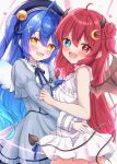  2girls absurdres ahoge amamiya_kokoro amamiya_kokoro_(1st_costume) bell beret blue_hair blush brown_wings crescent crescent_hair_ornament demon demon_girl demon_horns demon_tail demon_wings fang hair_bell hair_ornament happy hat heart heterochromia highres horns hug jingle_bell looking_at_viewer matcha_november mini_wings multiple_girls nijisanji open_mouth red_hair skin_fang tail two_side_up virtual_youtuber wings x_hair_ornament yellow_eyes yuzuki_roa yuzuki_roa_(3rd_costume) 