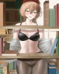  1girl beret black_bra blush book bookshelf bra breasts brown_eyes brown_hair brown_pantyhose clio_aite english_commentary glasses hat highres looking_at_viewer mayade_art medium_breasts medium_hair navel panties panties_under_pantyhose pantyhose phase_connect round_eyewear scar scar_across_eye scar_on_face solo underwear virtual_youtuber 