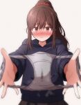  1girl artist_self-insert black_hoodie blush brown_eyes brown_hair closed_mouth commentary dot_nose grey_panties hair_ornament hair_scrunchie high_ponytail highres holding holding_panties holding_underwear holding_unworn_clothes hood hoodie long_hair long_sleeves looking_at_viewer mamerakkkkko mamerakkkkko_(mamerakkkkko) nose_blush original outstretched_arms panties ponytail presenting_removed_panties protected_link pussy_juice_stain red_scrunchie scrunchie simple_background solo underwear white_background 