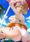  1girl absurdres anis_(nikke) anis_(sparkling_summer)_(nikke) arm_up ass ass_focus aviator_sunglasses beach beach_umbrella bikini blue_sky blush breasts brown_eyes brown_hair can cloud cloudy_sky commentary_request drink_can eyepatch_bikini eyewear_on_head fingernails from_behind goddess_of_victory:_nikke hair_between_eyes highres huge_ass jacket jacket_partially_removed large_breasts looking_at_viewer looking_back nail_polish nigi_(ngmnoym) outdoors pink-tinted_eyewear short_hair side-tie_bikini_bottom sitting skindentation sky smile soda_can solo sunglasses swimsuit thighs tinted_eyewear umbrella under_umbrella wariza wet white_bikini yellow-framed_eyewear yellow_jacket yellow_nails 