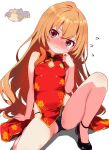  1girl absurdres aisaka_taiga arm_support artist_logo bare_legs black_panties black_shoes blonde_hair blush breasts brown_hair china_dress chinese_clothes closed_mouth dress eyelashes full_body hair_between_eyes hand_up highres hinapu impossible_clothes impossible_dress knee_up lace-trimmed_panties lace_trim legs logo long_hair looking_at_viewer on_ground palmtop_tiger panties pink_eyes red_dress shadow shoes simple_background sleeveless sleeveless_dress small_breasts solo strappy_heels thighs toradora! underwear very_long_hair white_background 