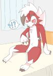2023 3_fingers 3_toes after_transformation ambiguous_gender anthro bed biped bodily_fluids chest_tuft claws colored countershade_face countershade_fur countershade_torso countershading feet finger_claws fingers flying_sweatdrops fur furniture generation_7_pokemon gloves_(marking) hi_res implied_transformation inside interrobang japanese_description leg_markings looking_at_own_hand looking_down_at_self lycanroc markings midnight_lycanroc nintendo nude on_bed open_mouth paws pokemon pokemon_(species) pupils red_body red_eyes red_fur red_pupils red_sclera root_doggie sitting sitting_on_bed socks_(marking) solo speech_bubble spread_legs spreading sweat sweatdrop tan_markings tears three-quarter_view toe_claws toes tuft white_body white_countershading