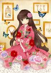  brown_hair bug butterfly commentary_request deer flower flower_ornament frame frilled_kimono frilled_sleeves frills green_eyes hair_flower hair_ornament hand_to_own_mouth insect japanese_clothes kimono long_hair looking_at_viewer original salmonluv3 solo very_long_hair wide_sleeves 