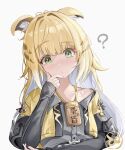  1girl :/ ? animal_ear_fluff animal_ears antenna_hair blonde_hair blush collarbone colored_inner_hair droopy_ears green_eyes hair_intakes head_tilt highres ju_fufu long_hair looking_at_viewer multicolored_hair nose_blush pinjirooo simple_background single_off_shoulder sleeves_past_wrists solo talisman tiger_ears white_background zenless_zone_zero 
