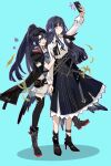  2girls absurdres animal_ears aqua_background arknights astesia_(arknights) astgenne_(arknights) bird_ears bird_tail black_gloves blue_eyes blue_hair blue_ribbon blue_skirt boots bright_pupils cape collared_shirt commission gloves high_heels highres long_sleeves multiple_girls pointy_ears ponytail rhine_lab_logo ribbon selfie shirt siblings simple_background sisters skirt smile sparkle standing standing_on_one_leg tail thighhighs white_pupils white_shirt yinxingbufuqiu04875 