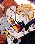  1boy 1girl arms_around_neck black_nails black_suit blonde_hair breasts brown_hair cleavage closed_mouth commentary cosplay couple dress earrings english_commentary feet_out_of_frame full_body hair_between_eyes hetero jack_skellington jack_skellington_(cosplay) jewelry link long_dress long_hair looking_at_another manodemarina medium_breasts nail_polish pants patchwork_clothes patchwork_skin pinstripe_jacket pinstripe_pants pinstripe_pattern pinstripe_suit pointy_ears princess_zelda sally_(nbc) sally_(nbc)_(cosplay) scar scar_on_face short_hair short_sleeves smile sparkle suit the_legend_of_zelda the_legend_of_zelda:_twilight_princess the_nightmare_before_christmas torn_clothes torn_sleeves 