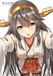  1girl absurdres blurry blush breasts brown_eyes collarbone commentary_request depth_of_field detached_sleeves double-parted_bangs frilled_skirt frills grey_hair hair_between_eyes hair_ornament hairband hairclip hakama hakama_short_skirt hakama_skirt haruna_(kancolle) highres incoming_kiss japanese_clothes kagutsuchi_(victoragna) kantai_collection long_hair looking_at_viewer medium_breasts nontraditional_miko outstretched_arms parallel_hairclips parted_lips pleated_skirt reaching reaching_towards_viewer red_skirt ribbon-trimmed_sleeves ribbon_trim sidelocks simple_background skirt solo translation_request white_background white_sleeves yellow_hairband 