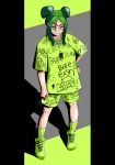  1girl air_jordan air_jordan_4 billie_eilish chain chain_around_neck double_bun fortnite green_background green_hair green_shirt green_shorts green_socks hair_bun highres jewelry long_hair multicolored_eyes multicolored_hair necklace quebin_tijuana real_life shadow shirt shorts socks solo 