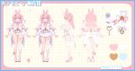  1girl absurdres ahoge animal_ears ankle_ribbon aqua_hair artist_name blue_border blue_eyes blush border bow bowtie breasts closed_mouth colored_inner_hair demon_tail demon_wings detached_sleeves dice dice_hair_ornament dress fingernails from_side full_body grid_background groin hair_ornament hat heart heart_collar heart_in_eye heart_o-ring high_heels highres huge_breasts indie_virtual_youtuber kanola_u kanola_u_(vtuber) kneepits leg_ribbon leotard long_hair looking_at_viewer mini_hat multicolored_hair multiple_views nail_polish o-ring o-ring_thigh_strap pink_border pink_bow pink_bowtie pink_hair pink_nails pink_pupils pink_ribbon pink_shoes pink_tail pink_wings pointy_ears rabbit_ears rabbit_girl ribbon shoes shoulder_blades single_thighhigh smile solo strapless strapless_dress striped_ribbon symbol_in_eye tail thigh_strap thighhighs thighs two-tone_bow two-tone_hair two_side_up virtual_youtuber watch white_background white_bow white_dress white_hat white_leotard white_ribbon white_sleeves white_thighhighs white_wrist_cuffs wings wrist_cuffs 