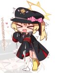  &gt;_&lt; 1girl armband black_dress black_hat blonde_hair blue_archive blush chibi chibi_only closed_eyes collared_shirt dress facing_viewer hair_between_eyes halo hana_kazari hat heart highres ibuki_(blue_archive) jacket long_hair long_sleeves neck_ribbon nose_blush open_clothes open_jacket open_mouth peaked_cap pleated_dress red_ribbon revision ribbon shirt simple_background sleeves_past_fingers sleeves_past_wrists solo suggestive_fluid translation_request trembling twintails wavy_mouth white_background white_shirt zoom_layer 