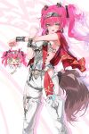 1girl :d armor black_bow bodysuit boots bow breastplate breasts commentary earrings hair_bow highres jewelry long_hair looking_at_viewer lupa_(wuthering_waves) medium_breasts open_mouth pink_hair red_pupils red_sash sash smile solo sonchi stretching symbol-only_commentary tacet_mark_(wuthering_waves) tail thigh_boots white_bodysuit white_boots wolf_tail wrist_guards wuthering_waves yellow_eyes 