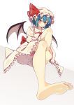  1girl absurdres ascot barefoot bat_wings bloomers blue_hair blush closed_mouth collared_shirt commentary_request feet foot_focus frilled_shirt_collar frills hat hat_ribbon highres looking_at_viewer mob_cap red_ascot red_eyes red_ribbon remilia_scarlet ribbon ribbon-trimmed_skirt ribbon_trim seika_okawari shirt short_hair sitting skirt soles solo toes touhou upskirt white_shirt white_skirt wings 