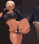  1girl absurdres angel_(kof) backless_pants blue_eyes boots bra breasts chaps cleavage cowboy_boots crop_top cropped_jacket fingerless_gloves gloves hair_over_one_eye highres hot jacket large_breasts leather leather_jacket leg_up midriff navel panties pants pizzalover12 short_hair snk solo stomach strapless strapless_bra sweat the_king_of_fighters the_king_of_fighters_xiv toned toned_female underwear white_hair 