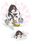  absurdres ahoge akizuki_(kantai_collection) bad_id bad_pixiv_id black_hair blue_eyes blush_stickers chou-10cm-hou-chan closed_eyes corset dreaming food gesture gloves hachimaki hair_ornament headband highres kantai_collection long_hair looking_at_viewer machinery neckerchief open_mouth ponytail sailor_collar school_uniform serafuku short_sleeves simple_background sleeping smile solo star star-shaped_pupils stuffed_animal stuffed_toy symbol-shaped_pupils tearing_up teddy_bear thought_bubble upper_body white_background yeongming 