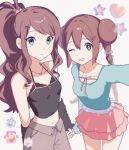  2girls bare_shoulders blue_eyes blue_shirt blush bow breasts brown_hair closed_mouth collarbone covered_navel cropped_shirt double_bun flower green_eyes hair_bow hair_bun hair_ornament high_ponytail highres hilda_(pokemon) holding_hands it&#039;sponytail jewelry long_hair long_sleeves looking_at_viewer midriff multiple_girls necklace one_eye_closed open_mouth oromnt pink_skirt pokemon pokemon_bw pokemon_bw2 ponytail rosa_(pokemon) shirt sidelocks simple_background skirt small_breasts smile teeth twintails white_background 