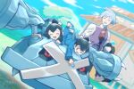  1girl 2boys :d blue_eyes blue_jacket blue_pants blue_shoes blurry blurry_background brother_and_sister building closed_eyes cloud collared_shirt commentary_request day highres hyano9119 jacket liza_(pokemon) lying metagross multiple_boys necktie on_stomach open_mouth outdoors pants pokemon pokemon_(creature) pokemon_oras purple_vest red_necktie riding riding_pokemon shirt shoes short_hair siblings signature sky smile steven_stone tate_(pokemon) vest 