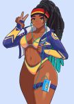  1girl bandaid bandaid_on_face bikini braid colored_tips djames earphones highres jacket kimberly_jackson listening_to_music multicolored_hair multicolored_headband official_alternate_costume sticker_on_face street_fighter street_fighter_6 swimsuit thigh_strap thighs v walkman yellow_bikini 