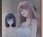  2girls bite_mark bite_mark_on_breast bite_mark_on_neck bite_mark_on_shoulder blue_hair braid brown_hair closed_mouth commentary frown half_up_braid hashtag-only_commentary hickey highres johndoge_123 long_hair medium_hair miyagi_shiori multiple_girls purple_eyes sendai_hazuki shuuniichido_classmate_wo_kau_hanashi strap_slip tank_top tongue tongue_out white_tank_top yuri 