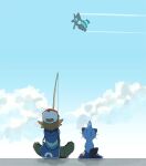 1boy baseball_cap blue_sky brown_hair dewott dragon_wings fishing_rod from_behind hat highres hilbert_(pokemon) holding holding_fishing_rod nyagiratwist outdoors pokemon pokemon_(creature) pokemon_bw sitting sky source_request wings zekrom 