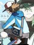  2boys artist_name baseball_cap blue_jacket brown_hair commentary_request green_hair hat hilbert_(pokemon) jacket male_focus multiple_boys n_(pokemon) oshawott poke_ball_print pokemon pokemon_bw pufuru2025 signature twitter_username 