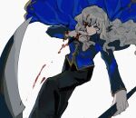  1boy argalia_(project_moon) ascot black_pants blood blood_on_face blue_cape blue_eyes blue_jacket cape closed_mouth collared_cape divewet3 gloves gold_trim highres holding holding_scythe jacket library_of_ruina long_hair long_sleeves looking_at_viewer male_focus pants project_moon scythe simple_background smile solo standing upper_body very_long_hair white_ascot white_background white_gloves white_hair 