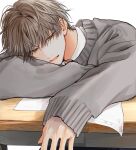  1boy adam&#039;s_apple arm_pillow arms_on_table collared_shirt en_(e898n) green_eyes grey_hair grey_sweater hand_on_table head_on_arm head_on_table head_rest highres long_sleeves looking_to_the_side male_focus open_mouth original shirt short_hair simple_background smile solo sweater upper_body white_background 