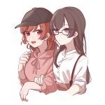  2girls aijou_karen baseball_cap bespectacled black_hair black_hat blue_eyes blush brown_eyes brown_hair buttons closed_mouth commentary_request cropped_torso dot_mouth drawstring glasses hand_on_another&#039;s_arm hand_up hat highres hirake_goma holding_strap hood hood_down hoodie kagura_hikari long_hair looking_ahead looking_at_another looking_to_the_side multiple_girls open_mouth pink_hoodie shirt short_hair short_sleeves shoujo_kageki_revue_starlight side-by-side simple_background swept_bangs three-quarter_sleeves white_background white_shirt 