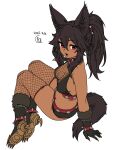  1girl animal_ear_fluff animal_ears belt belt_buckle belt_collar black_gloves black_hair black_shorts bracelet breasts buckle cerberus_(houtengeki) chain cleavage collar dark-skinned_female dark_skin dog_ears dog_girl dog_tail fang fingernails fishnet_thighhighs fishnet_top fishnets from_above full_body fur_trim gloves hair_between_eyes high_ponytail highres houtengeki jewelry long_fingernails long_hair looking_at_viewer medium_breasts micro_shorts open_mouth original ponytail red_belt red_collar red_eyes sharp_fingernails shorts sidelocks simple_background sitting skin_fang solo spiked_anklet spiked_bracelet spikes tail thighhighs white_background yokozuwari 