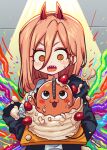  1girl black_jacket cake chainsaw_man cowboy_shot creature demon_girl demon_horns english_commentary food highres horns intestines jacket long_hair pink_hair pochita_(chainsaw_man) power_(chainsaw_man) satanmanse sharp_teeth solo spotlight strawberry_cake symbol-shaped_pupils teeth yellow_eyes 