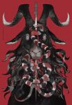  animal animal_focus black_fur blood blood_on_weapon blood_spray goat goat_horns highres horizontal_pupils horns impaled looking_at_viewer nightcrow no_humans original red_background simple_background slit_pupils snake stab sword weapon 