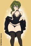  1girl black_dress black_panties black_thighhighs breasts clothes_lift commentary dress dress_lift english_commentary faenatical green_hair highres licking_lips lifting_own_clothes medium_breasts medium_hair panties patreon_username purple_eyes side_ponytail solo sousou_no_frieren thighhighs thighs tongue tongue_out ubel_(sousou_no_frieren) underwear yellow_background 