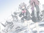  2girls aircraft airplane barefoot bow bowtie cevio commentary_request crash feste hair_ribbon kicking koharu_rikka looking_at_another multiple_girls natsuki_karin outdoors outstretched_arms partially_submerged playing ribbon school_uniform wading 