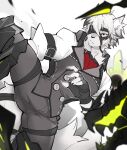  1boy absurdres animal_ears ascot bicep_strap black_gloves claws colored_tips english_commentary ethereal_(zenless_zone_zero) eyepatch fingerless_gloves furry furry_male gloves grey_pants grey_vest highres male_focus multicolored_hair pants prosthesis prosthetic_leg red_ascot red_eyes shirt shoko_contane tail vest von_lycaon white_background white_shirt wolf_boy wolf_ears wolf_tail zenless_zone_zero 