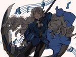  1boy argalia_(project_moon) ascot black_pants blue_cape blue_eyes blue_jacket cape closed_mouth divewet3 gloves gold_trim highres holding holding_scythe jacket library_of_ruina long_hair long_sleeves looking_at_viewer male_focus musical_note musical_staff pants project_moon scythe simple_background smile solo standing upper_body very_long_hair white_ascot white_background white_gloves white_hair 