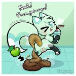 1:1 anus apple beverage blush border breath butt canid canine chikn_nuggit dialogue digital_media_(artwork) drinking_straw english_text fairyfudge feces female female_pooping feral food food_scat fox fruit green_apple heart_symbol hi_res holding_beverage holding_object leg_markings looking_at_viewer looking_back mammal markings on_one_leg one_eye_closed paws plant pooping pooping_on_floor presenting presenting_hindquarters quadruped question_mark raised_tail rear_view scatplay signature slushi_(chikn_nuggit) slushie smile socks_(marking) solo standing tail talking_to_viewer text vulva white_border