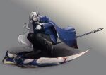  1boy argalia_(project_moon) black_pants black_shoes blood blood_on_clothes blood_on_weapon blue_cape blue_jacket cape full_body gloves highres holding holding_pen holding_scythe jacket library_of_ruina long_hair pants pen project_moon scythe shoes solo squatting very_long_hair weapon white_gloves white_hair yatsumeunagi 