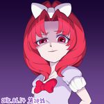  2015 akagi_towa bow dated evil_smile go!_princess_precure hair_bow precure purple_background red_bow red_eyes red_hair shirt short_hair smile solo troll_face white_bow white_shirt yoshimune 