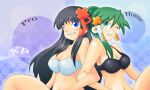  2girls bikini black_bikini black_hair blue_eyes blush breasts cleavage commentary_request glasses green_eyes grey_hair hair_ornament homeko large_breasts long_hair looking_at_viewer male_focus multiple_girls os-tan personification ponytail sato_(esuplusesu) smile swimsuit white_bikini x_hair_ornament xp-tan 