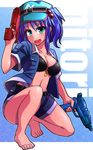  :d absurdres aqua_eyes barefoot belt bikini bikini_top black_bikini blue_eyes blue_hair breasts character_name cleavage cocked_eyebrow collarbone denim denim_shorts dual_wielding gun hair_bobbles hair_ornament hat highres holding jpeg_artifacts kawashiro_nitori key looking_at_viewer medium_breasts navel one_knee open_clothes open_mouth open_shirt shiny shiny_skin shirt short_hair short_shorts shorts smile solo swimsuit tanakara teeth touhou two_side_up water_gun weapon 