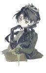  1girl absurdres beret black_dress black_eyes black_gloves black_hat cape chin_strap cropped_torso dabaijiang_memeda dress elbow_gloves gloves hand_on_own_chin hat head_rest highres liang_yue_(reverse:1999) long_hair looking_at_viewer police police_uniform policewoman portrait reverse:1999 side_cape single_elbow_glove solo white_cape 
