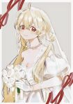  1girl ahoge alternate_costume bare_shoulders blonde_hair bouquet bow breasts bridal_veil cleavage detached_hair dress facial_mark gloves hair_between_eyes hair_bun highres holding holding_bouquet jewelry long_hair necklace nidanzyukucurry red_bow red_eyes reject_(esports) simple_background star-shaped_pupils star_(symbol) symbol-shaped_pupils tooko_(vtuber) twintails upper_body veil virtual_youtuber wedding_dress 