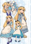  1girl :d alice&#039;s_adventures_in_wonderland alice_(alice_in_wonderland) apron apron_pocket arms_behind_back black_headband blonde_hair blue_bow blue_dress blue_eyes blue_headband blue_shoes blush_stickers bow bow_apron bow_skirt coffee_cup_hair_ornament dress full_body fun_bo hair_bow headband highres long_hair looking_at_viewer multiple_views one_eye_closed playing_card_print ribbon shoes short_sleeves skirt smile striped_clothes striped_thighhighs thighhighs white_thighhighs yellow_shoes 