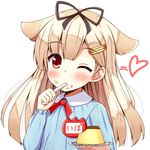  aikawa_ryou blonde_hair blush commentary_request food food_on_head hair_flaps hair_ornament hair_ribbon hairclip kantai_collection kindergarten_uniform long_hair long_sleeves object_on_head one_eye_closed pudding red_eyes remodel_(kantai_collection) ribbon solo upper_body younger yuudachi_(kantai_collection) 