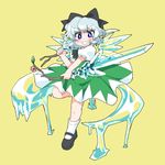  :d black_footwear blue_eyes blush bow cirno color_switch commentary crystal_sword dress dual_wielding flower frozen full_body green_dress grin hair_bow holding ice ice_wings ini_(inunabe00) konpaku_youmu leaf leg_up looking_at_viewer mary_janes open_mouth puffy_short_sleeves puffy_sleeves shoes short_hair short_sleeves silver_hair simple_background smile socks solo stick sword teeth touhou v-shaped_eyebrows wavy_hair weapon wings yellow_background 