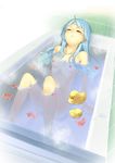  bathing bathroom bathtub blue_hair blush breasts closed_eyes highres kannagi nagi nipples nude petals pua rubber_duck small_breasts solo 