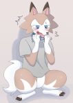 2023 3_toes ambiguous_gender anthro biped black_nose blue_eyes bodily_fluids bone_collar_tag bottomless brown_ear_tips claw_toes clothed clothing collar collar_tag colored countershade_face countershade_torso countershading crouching dipstick_ears ear_markings featureless_crotch feet front_view generation_7_pokemon gloves_(marking) hi_res holding_collar holding_object implied_transformation japanese_description leg_markings looking_down_at_self lycanroc markings motion_lines multicolored_ears nintendo open_mouth pawpads pink_inner_ear pink_pawpads pokemon pokemon_(species) root_doggie shadow shirt simple_background socks_(marking) solo t-shirt tan_body tears toes tongue tongue_out topwear white_body white_countershading white_markings wide_crotch